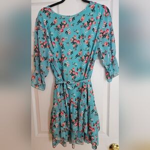 Pretty Turquoise Floral Dress with Waist Tie. Size M/L. Good Condition